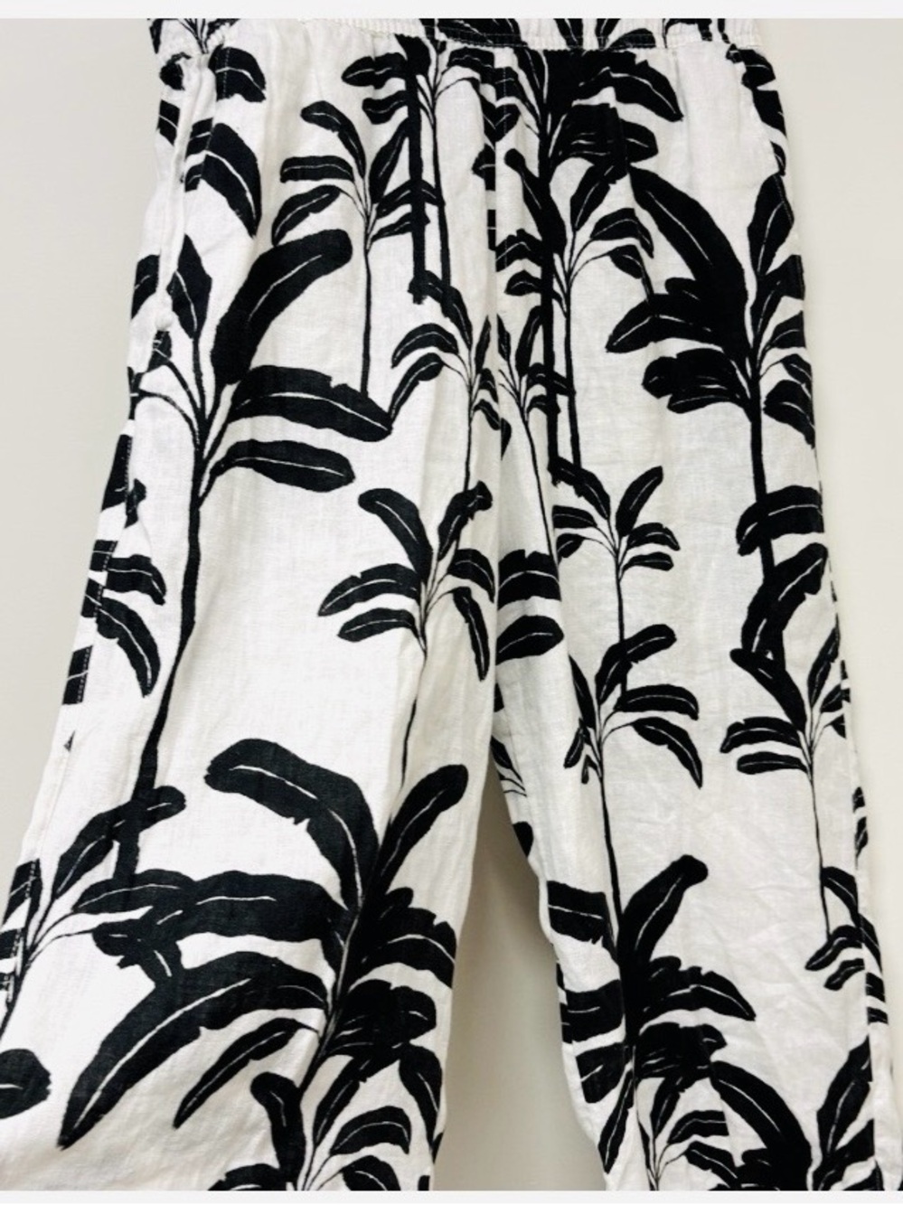 Tahari White Linen Wide Leg Black Tropical Leaf Print Pants XL Elastic Pull On - Picture 5 of 10